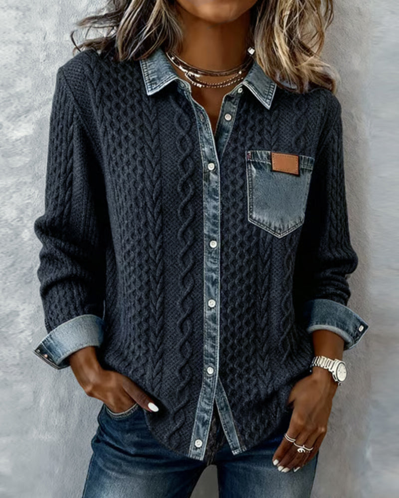 Långärmad skjorta med denim-lapptäcke