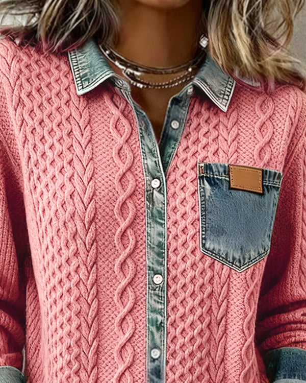 Långärmad skjorta med denim-lapptäcke