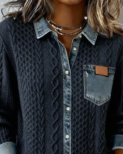 Långärmad skjorta med denim-lapptäcke