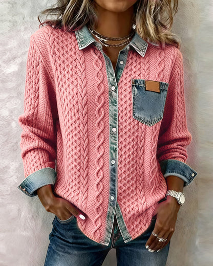 Långärmad skjorta med denim-lapptäcke