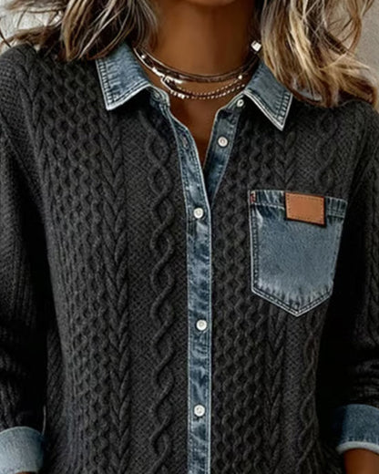 Långärmad skjorta med denim-lapptäcke