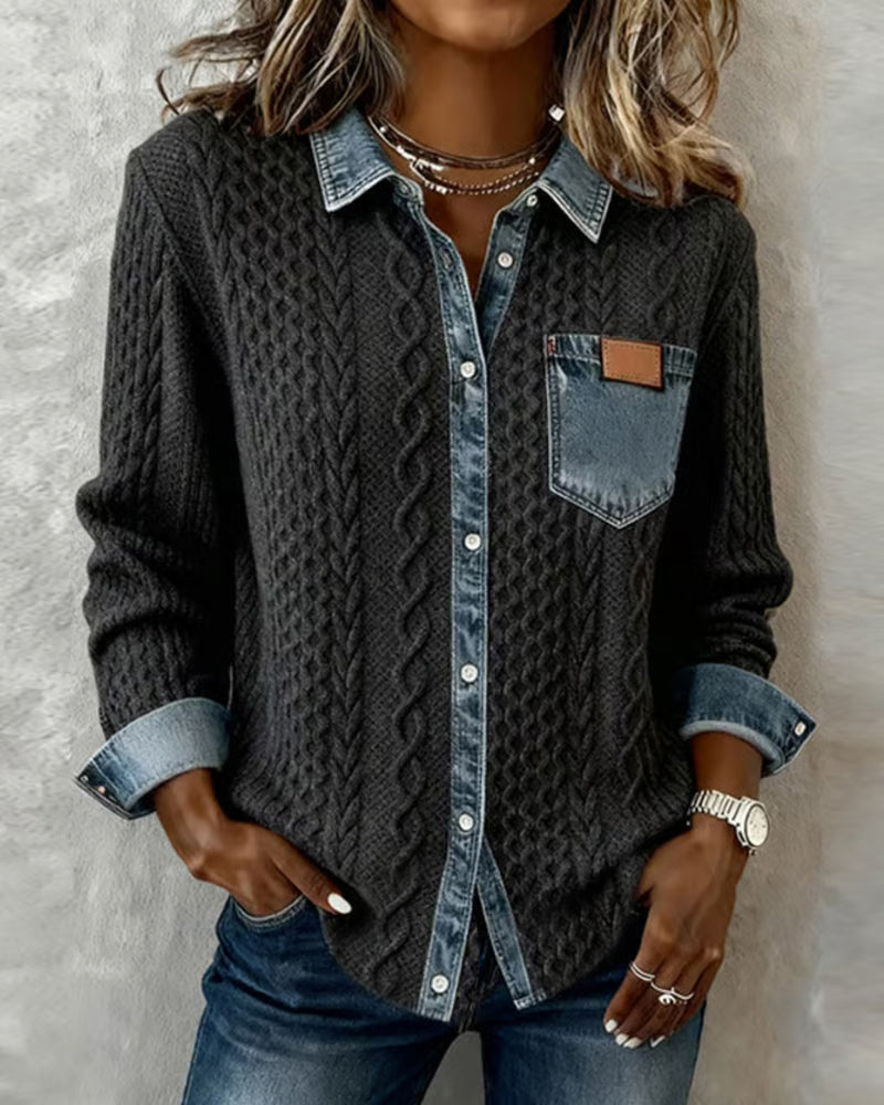 Långärmad skjorta med denim-lapptäcke