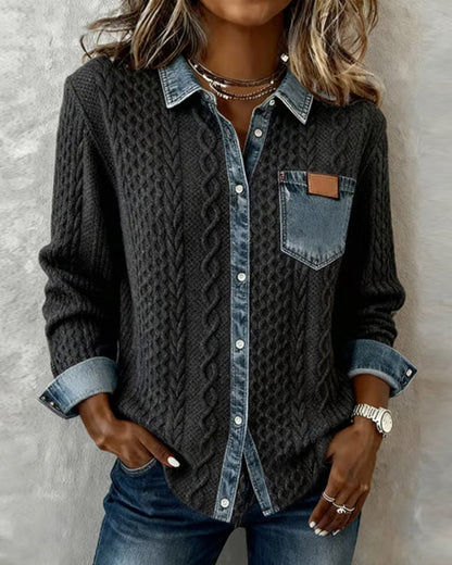 Långärmad skjorta med denim-lapptäcke