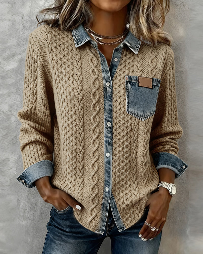 Långärmad skjorta med denim-lapptäcke