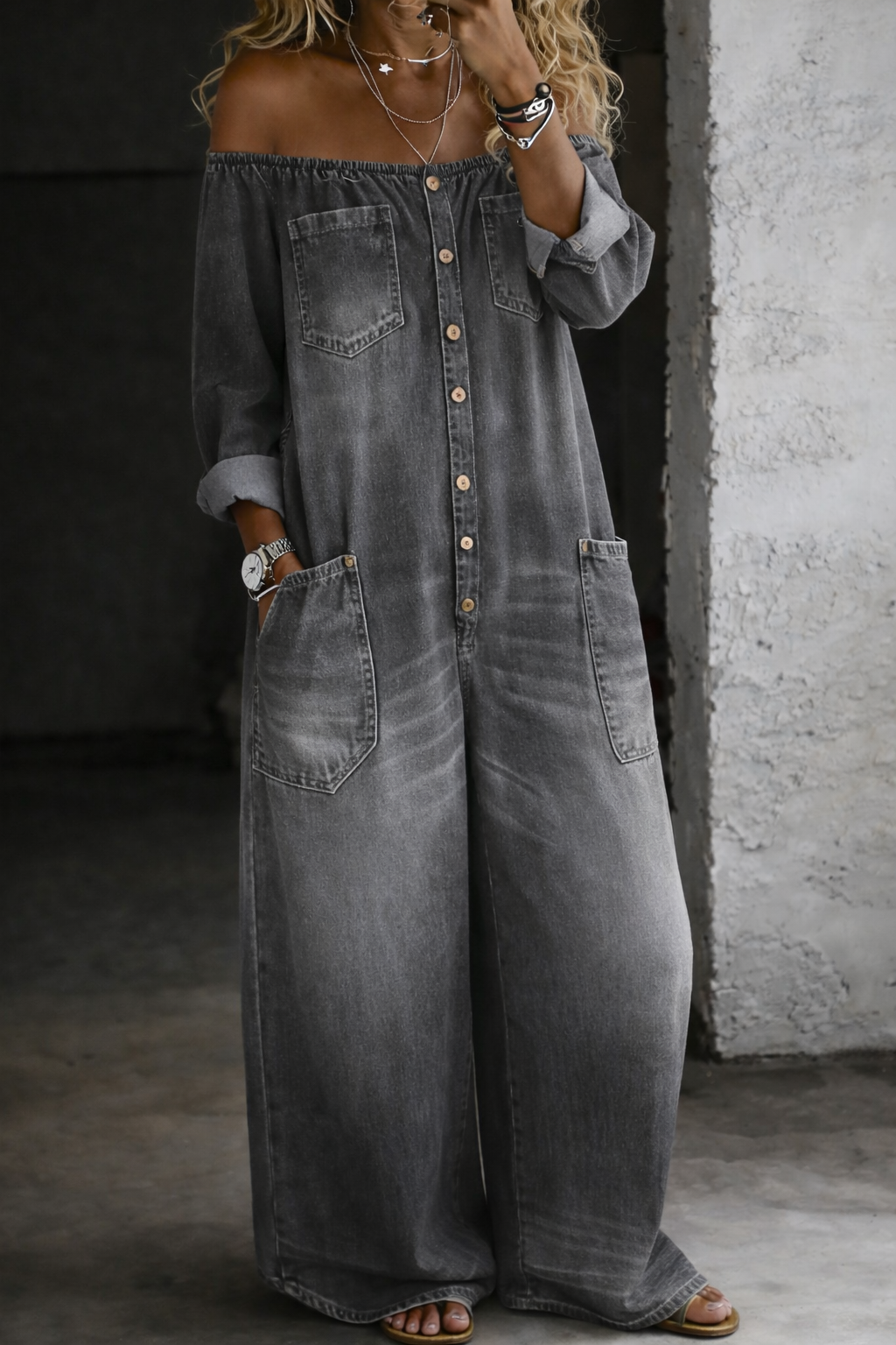 Elena | Långärmad Off-shoulder-jumpsuit