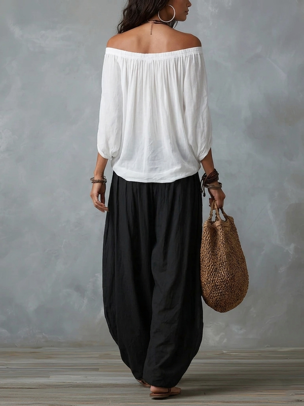 Rocio | Set med Vit Off-shoulder-topp och Utsvängda Lyktbyxor