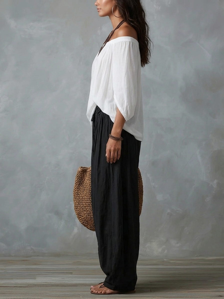 Rocio | Set med Vit Off-shoulder-topp och Utsvängda Lyktbyxor