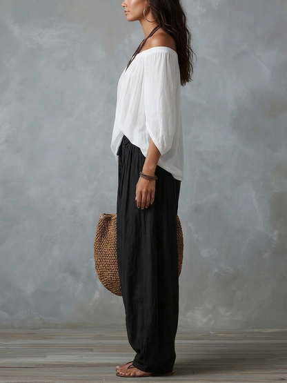 Rocio | Set med Vit Off-shoulder-topp och Utsvängda Lyktbyxor