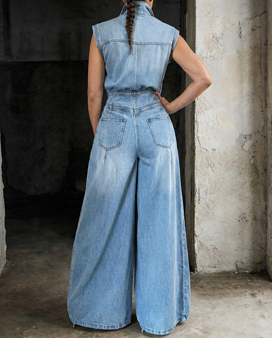 Stella | Jeansjumpsuit med Markerad Midja och Vida Ben
