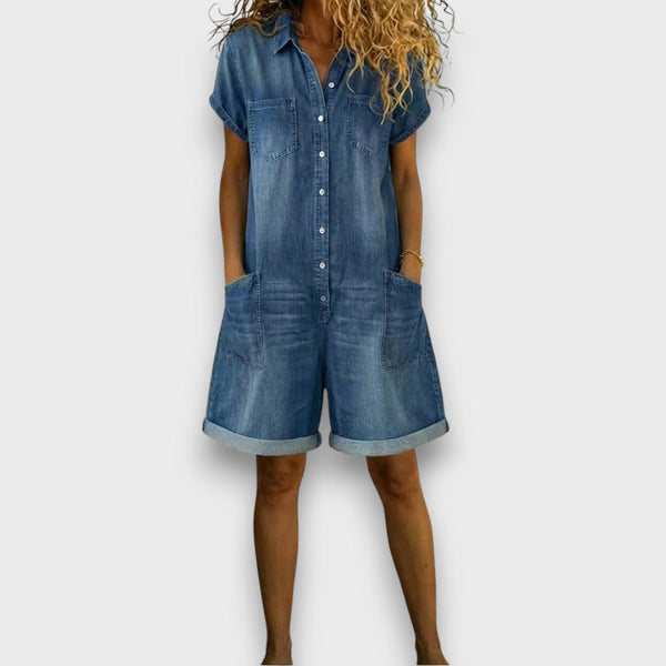 Saylor – Korta Bomulls-hängselbyxor i Vintage Jeanslook