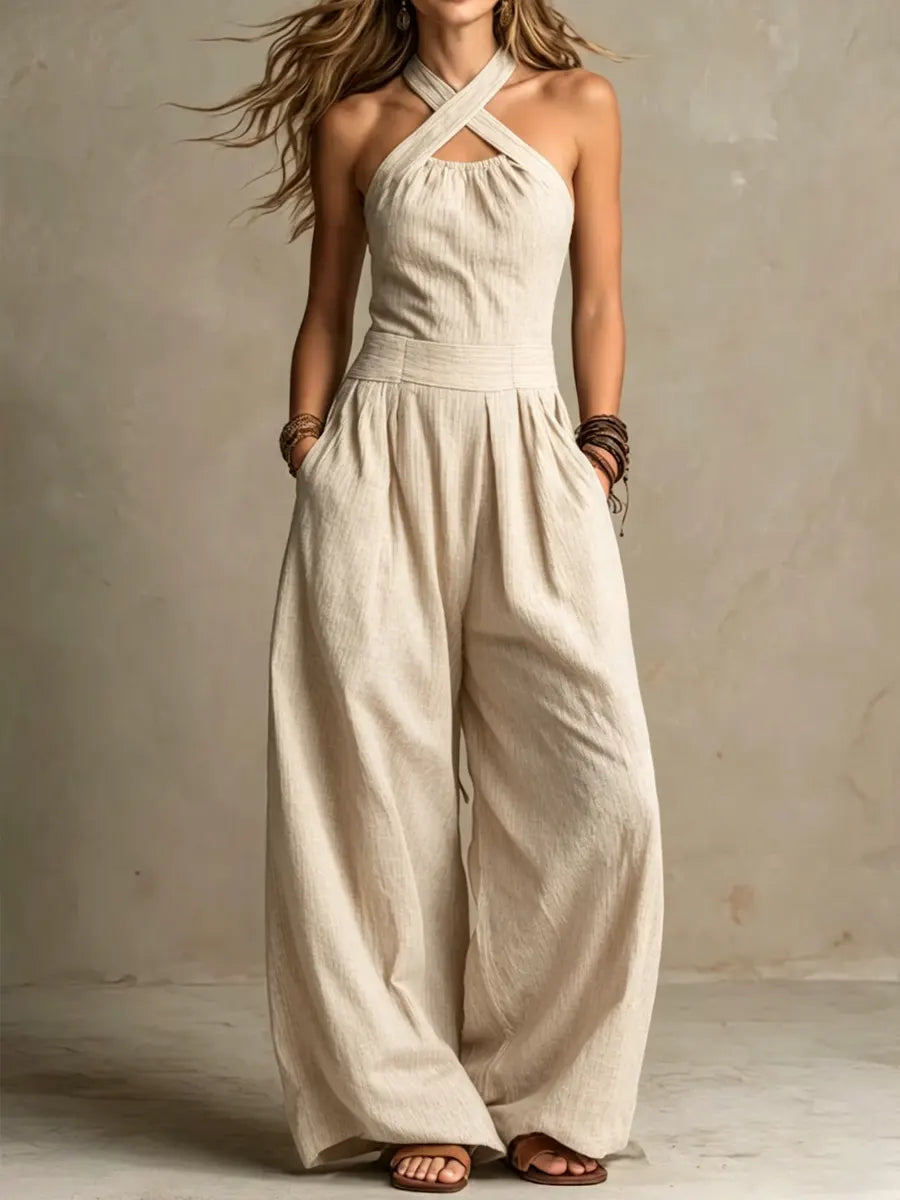 Bianca | Jumpsuit i Linne och Bomull med Elegant Korsad Urringning