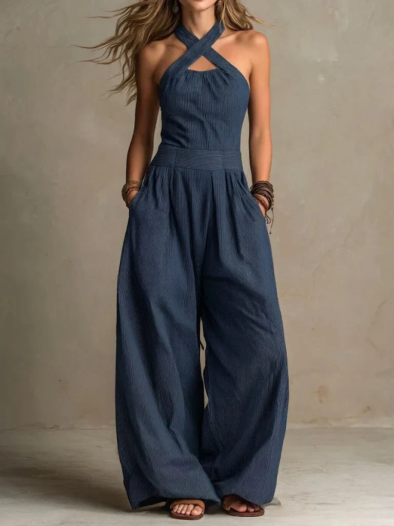 Bianca | Jumpsuit i Linne och Bomull med Elegant Korsad Urringning